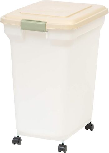 IRIS USA 42 Lbs / 55 Qt WeatherPro Airtight Pet Food Storage Container with Attachable Casters, For Dog Cat Bird and Other Pet Food Storage Bin, Keep Pests Out, Translucent Body, Pearl/Almond in Kuwait
