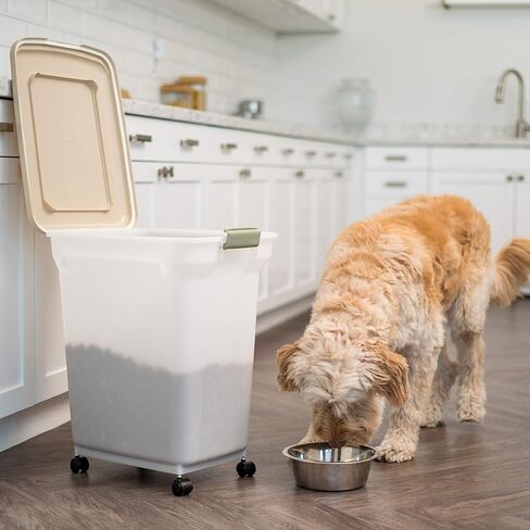 IRIS USA 42 Lbs / 55 Qt WeatherPro Airtight Pet Food Storage Container with Attachable Casters, For Dog Cat Bird and Other Pet Food Storage Bin, Keep Pests Out, Translucent Body, Pearl/Almond in Kuwait