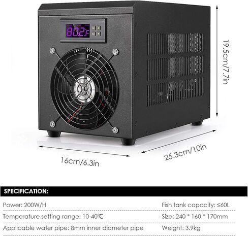 مبرد حوض السمك 60 لتر من دبليو اس اي واي، مبرد مياه لحوض السمك مع مضخة 50-104 درجة فهرنهايت، سخان مبرد لحوض الاسماك في المنزل لتربية الروبيان والاسماك (16 جالون/200-300 لتر) in Kuwait