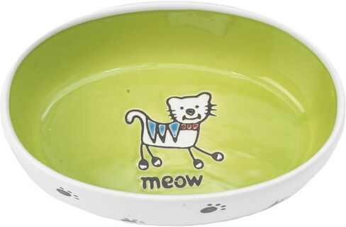 PetRageous 11024 Silly Kitty Oval Dishwasher Safe Stoneware Cat Bowl 6.5-Inch Long 4-Inch Wide 2-Inch Tall 2-Cups Capacity for Small Cats or Large Cats, White and Green in Saudi Arabia