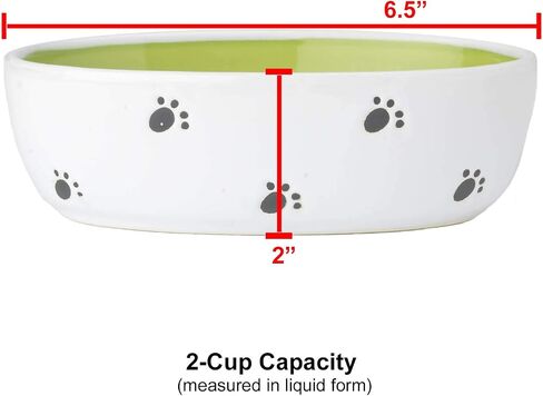 PetRageous 11024 Silly Kitty Oval Dishwasher Safe Stoneware Cat Bowl 6.5-Inch Long 4-Inch Wide 2-Inch Tall 2-Cups Capacity for Small Cats or Large Cats, White and Green in Saudi Arabia