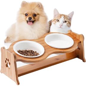 Ceramic Elevated Cat Bowls, [Height Adjustable] Small Dog 15° Tilted Raised Cat Food Bowls Whisker Friendly for Food and Water, Pet Dishes Bamboo Stand and Anti Vomit Feeding Station for Indoor Cats in Kuwait