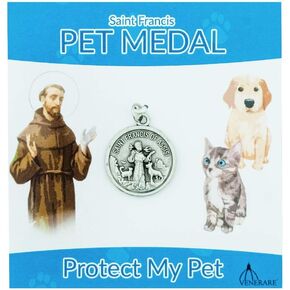 St. Francis Pet Medal | Large Round Pet Collar Charm | A Great Gift for Pet Lovers | Comes with Different Colored Card | Christian Pet Goods (Pink Card)