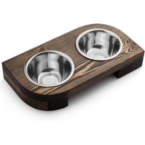 Pet Food Bowls with Stand, Puppy Dog Feeding Bowls With Non-Skid Wooden Stand, Set of 2 Stainless Steel Food and Water Bowls for Dogs and Cats With Pine Wood Holder-Natural Wood Color-PET0002 in Saudi Arabia