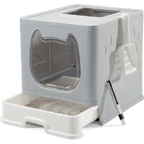 Vealind Covered Cat Litter Box with Sifting Lid, Kitty Litter Box Enclosure, Top Entry Enclosed Litter Box with Litter Scooper and Brush, Black & White Easy Clean Hooded Travel Litter Box for Cats in Kuwait
