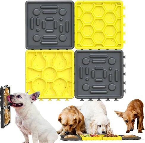 Luv-Lee Pet - (4 قطع) سجادة لعق الألغاز للكلاب والقطط، أكواب شفط قابلة للترتيب وأطباق تغذية بطيئة للكلاب للأكل العدوانيين، بساط تغذية لتخفيف قلق الكلاب للأطعمة الرطبة/الجافة (أسود/أصفر) in Kuwait