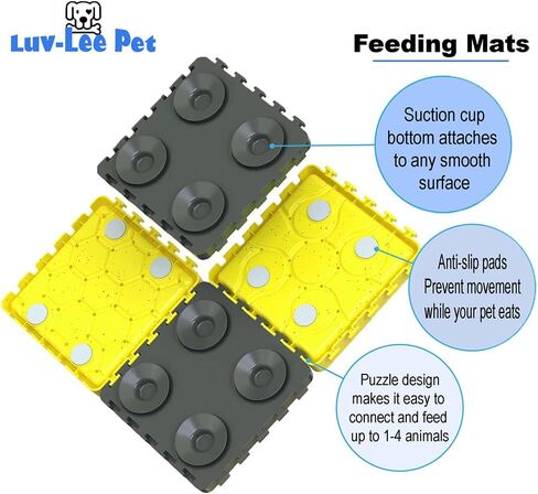 Luv-Lee Pet - (4 قطع) سجادة لعق الألغاز للكلاب والقطط، أكواب شفط قابلة للترتيب وأطباق تغذية بطيئة للكلاب للأكل العدوانيين، بساط تغذية لتخفيف قلق الكلاب للأطعمة الرطبة/الجافة (أسود/أصفر) in Kuwait