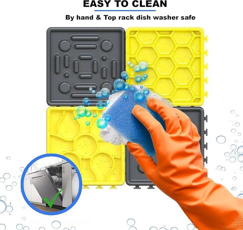 Luv-Lee Pet - (4 قطع) سجادة لعق الألغاز للكلاب والقطط، أكواب شفط قابلة للترتيب وأطباق تغذية بطيئة للكلاب للأكل العدوانيين، بساط تغذية لتخفيف قلق الكلاب للأطعمة الرطبة/الجافة (أسود/أصفر) in Kuwait