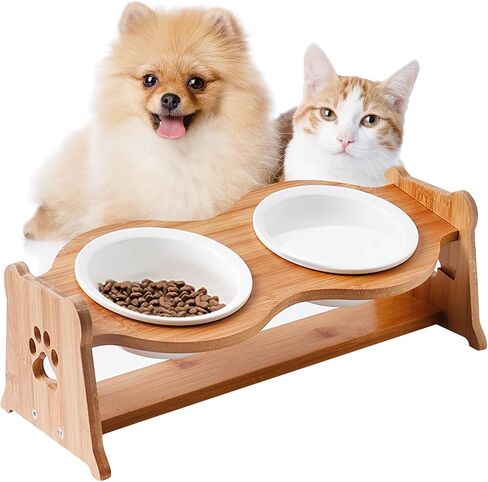 Ceramic Elevated Cat Bowls, [Height Adjustable] Small Dog 15° Tilted Raised Cat Food Bowls Whisker Friendly for Food and Water, Pet Dishes Bamboo Stand and Anti Vomit Feeding Station for Indoor Cats in Kuwait