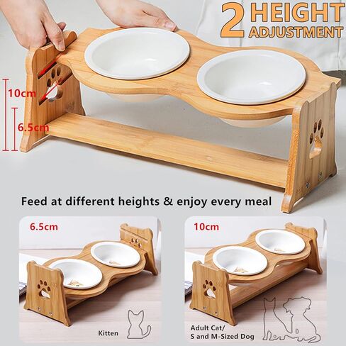 Ceramic Elevated Cat Bowls, [Height Adjustable] Small Dog 15° Tilted Raised Cat Food Bowls Whisker Friendly for Food and Water, Pet Dishes Bamboo Stand and Anti Vomit Feeding Station for Indoor Cats in Kuwait