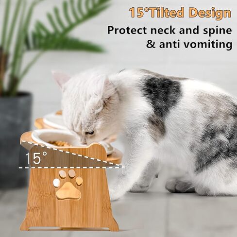 Ceramic Elevated Cat Bowls, [Height Adjustable] Small Dog 15° Tilted Raised Cat Food Bowls Whisker Friendly for Food and Water, Pet Dishes Bamboo Stand and Anti Vomit Feeding Station for Indoor Cats in Kuwait