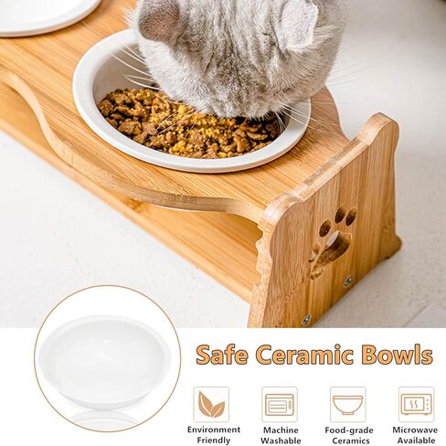 Ceramic Elevated Cat Bowls, [Height Adjustable] Small Dog 15° Tilted Raised Cat Food Bowls Whisker Friendly for Food and Water, Pet Dishes Bamboo Stand and Anti Vomit Feeding Station for Indoor Cats in Kuwait