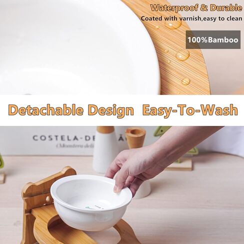 Ceramic Elevated Cat Bowls, [Height Adjustable] Small Dog 15° Tilted Raised Cat Food Bowls Whisker Friendly for Food and Water, Pet Dishes Bamboo Stand and Anti Vomit Feeding Station for Indoor Cats in Kuwait