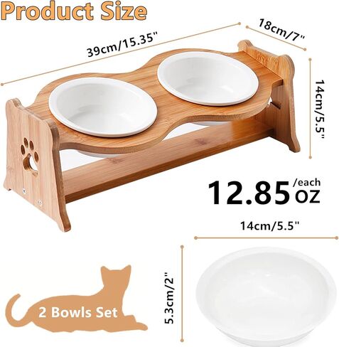 Ceramic Elevated Cat Bowls, [Height Adjustable] Small Dog 15° Tilted Raised Cat Food Bowls Whisker Friendly for Food and Water, Pet Dishes Bamboo Stand and Anti Vomit Feeding Station for Indoor Cats in Kuwait