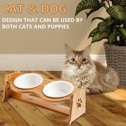 Ceramic Elevated Cat Bowls, [Height Adjustable] Small Dog 15° Tilted Raised Cat Food Bowls Whisker Friendly for Food and Water, Pet Dishes Bamboo Stand and Anti Vomit Feeding Station for Indoor Cats in Kuwait