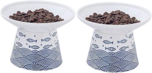 أوعية طعام القطط المرتفعة من السيراميك مقاس 6.25 بوصة، طبق الحيوانات الأليفة المرتفع من البورسلين مع حامل، مضاد للقيء، يمنع تعب الشارب، يحمي العمود الفقري للحيوانات الأليفة للقطط الكبيرة الأكبر سنًا، عبوتان (أزرق) in Kuwait