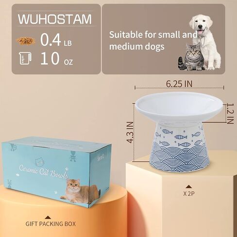 أوعية طعام القطط المرتفعة من السيراميك مقاس 6.25 بوصة، طبق الحيوانات الأليفة المرتفع من البورسلين مع حامل، مضاد للقيء، يمنع تعب الشارب، يحمي العمود الفقري للحيوانات الأليفة للقطط الكبيرة الأكبر سنًا، عبوتان (أزرق) in Kuwait