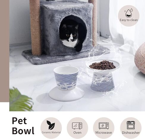 أوعية طعام القطط المرتفعة من السيراميك مقاس 6.25 بوصة، طبق الحيوانات الأليفة المرتفع من البورسلين مع حامل، مضاد للقيء، يمنع تعب الشارب، يحمي العمود الفقري للحيوانات الأليفة للقطط الكبيرة الأكبر سنًا، عبوتان (أزرق) in Kuwait