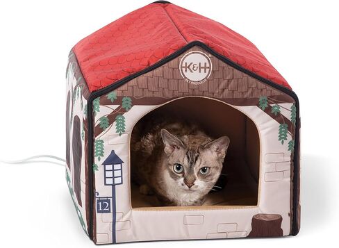K&H PET Products سرير للقطط مدفأ داخليًا للحيوانات الأليفة للكلاب والقطط بتصميم الحظيرة مقاس 16 × 15 × 14 بوصة in Saudi Arabia