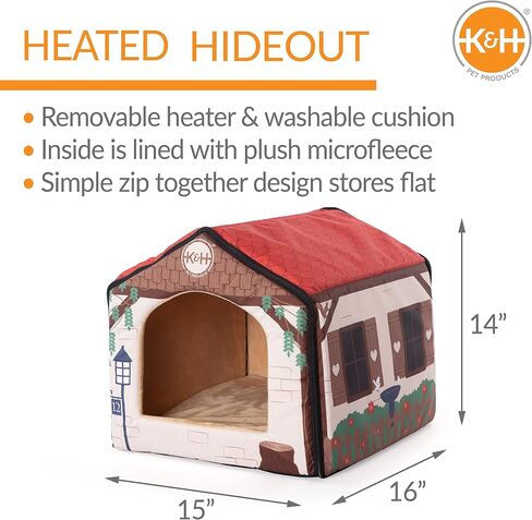 K&H PET Products سرير للقطط مدفأ داخليًا للحيوانات الأليفة للكلاب والقطط بتصميم الحظيرة مقاس 16 × 15 × 14 بوصة in Saudi Arabia