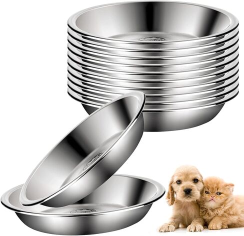 مجموعة اوعية طعام للقطط من الستانلس ستيل مكونة من 12 قطعة من اوعية طعام القطط الضحلة لتخفيف الاجهاد والحامل المرتفع، طبق معدني للطعام والماء للكلاب والقطط الصغيرة (قطر 5.5 انش) in Kuwait