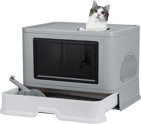 صندوق فضلات القطط من بينبون مع غطاء صندوق فضلات مغطى قابل للطي مع مجرفة وفرشاة فرك، صندوق فضلات كبير للقطط الداخلية in Kuwait