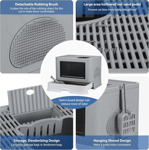 صندوق فضلات القطط من بينبون مع غطاء صندوق فضلات مغطى قابل للطي مع مجرفة وفرشاة فرك، صندوق فضلات كبير للقطط الداخلية in Kuwait