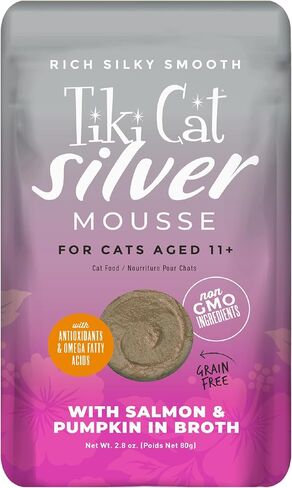 Tiki Cat Silver Mousse, with Salmon & Pumpkin in Broth, Silky Smooth Nutrient Rich Formulated for Older Cats Aged 11+, 2.9 Oz. Pouch (Pack of 12) in Saudi Arabia