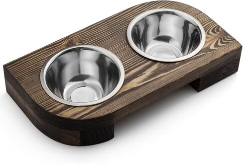 Pet Food Bowls with Stand, Puppy Dog Feeding Bowls With Non-Skid Wooden Stand, Set of 2 Stainless Steel Food and Water Bowls for Dogs and Cats With Pine Wood Holder-Natural Wood Color-PET0002 in Saudi Arabia