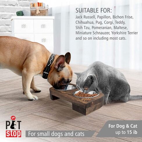 Pet Food Bowls with Stand, Puppy Dog Feeding Bowls With Non-Skid Wooden Stand, Set of 2 Stainless Steel Food and Water Bowls for Dogs and Cats With Pine Wood Holder-Natural Wood Color-PET0002 in Saudi Arabia