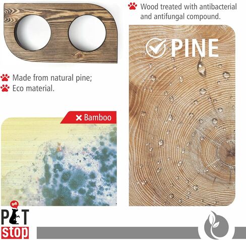 Pet Food Bowls with Stand, Puppy Dog Feeding Bowls With Non-Skid Wooden Stand, Set of 2 Stainless Steel Food and Water Bowls for Dogs and Cats With Pine Wood Holder-Natural Wood Color-PET0002 in Saudi Arabia