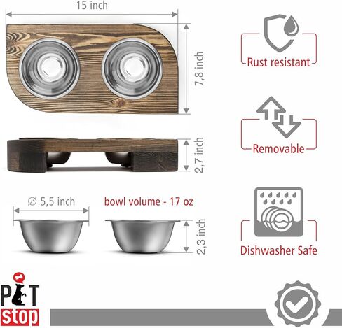 Pet Food Bowls with Stand, Puppy Dog Feeding Bowls With Non-Skid Wooden Stand, Set of 2 Stainless Steel Food and Water Bowls for Dogs and Cats With Pine Wood Holder-Natural Wood Color-PET0002 in Saudi Arabia