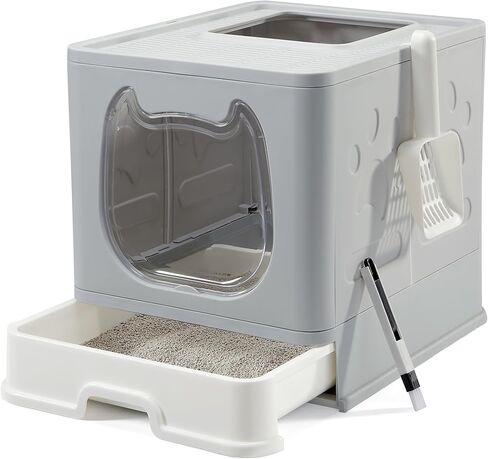 Vealind Covered Cat Litter Box with Sifting Lid, Kitty Litter Box Enclosure, Top Entry Enclosed Litter Box with Litter Scooper and Brush, Black & White Easy Clean Hooded Travel Litter Box for Cats in Kuwait