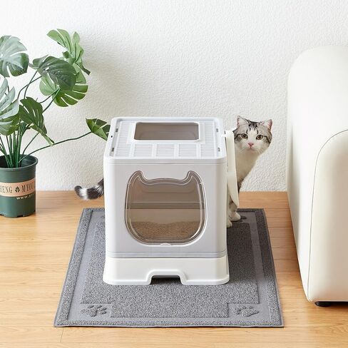 Vealind Covered Cat Litter Box with Sifting Lid, Kitty Litter Box Enclosure, Top Entry Enclosed Litter Box with Litter Scooper and Brush, Black & White Easy Clean Hooded Travel Litter Box for Cats in Kuwait