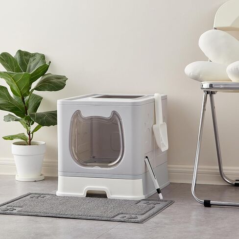 Vealind Covered Cat Litter Box with Sifting Lid, Kitty Litter Box Enclosure, Top Entry Enclosed Litter Box with Litter Scooper and Brush, Black & White Easy Clean Hooded Travel Litter Box for Cats in Kuwait