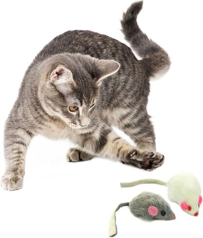لعبة القط الفأر الخشخيشة من فراء الأرنب الحقيقي من PK Pet Products، عبوة من 10 قطع باللون الرمادي in Saudi Arabia