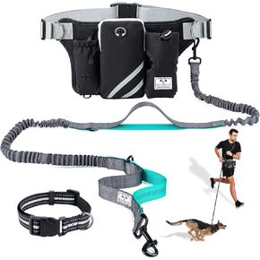 SHINE HAI Retractable Hands Free Dog Leash with Dual Bungees for 2 Dogs, Adjustable Waist Belt Fanny Pack, Reflective Stitching Leash for Running Walking Hiking Jogging Biking Black