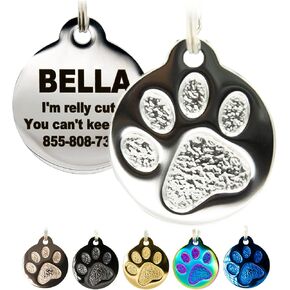 Engraved Pet Tag for Dogs and Cats - Personalized Front & Back up to 4 Lines of Text Custom Engraved ID, Round Paw Print Solid Plating Stainless Steel Black Regular in Kuwait