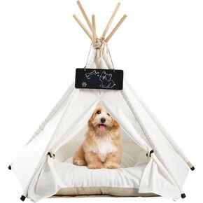 Dog Teepee Pet Tents Portable Houses Puppy Cat Dogs Bed with Thick Cushion Indoor Outdoor (White) in Kuwait