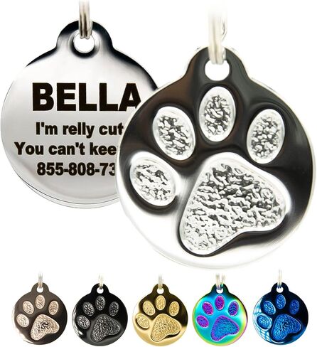 Engraved Pet Tag for Dogs and Cats - Personalized Front & Back up to 4 Lines of Text Custom Engraved ID, Round Paw Print Solid Plating Stainless Steel Black Regular in Saudi Arabia