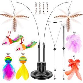 HOSFROLL Cat Wand Toy, Interactive Cat Toys with 2 Natural Feather, Double Headed Cat Feather Teaser Wand, Suction Cup Cat Stick Toy Hanging Teaser for Indoor Cats, Cats Toy Accessories