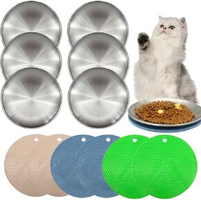 VCEPJH 6 Sets Stainless Steel Cat Bowls Whisker Friendly Shallow Metal Cat Dishes for Food and Water with Non-Slip Mat for Cat and Small Pet (7.8")