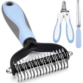 Pet Grooming Brush Double-Sided Undercoat Rake for Dogs & Cats - Shedding and Dematting Comb for Dogs &Gentle Deshedding Brush Glove Grooming kit (Blue 2 Pack) in Saudi Arabia