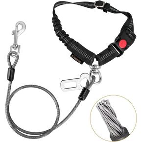 Chew Proof Dog Car Seat Belt, 2 in 1 Steel Cable Dog Car Accessories Headrest Restraint for Medium Large Dogs Chewer Heavy Duty Dog Seatbelts for Cars Swivel Attach