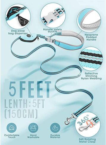 مقود للكلاب بطول 5 أقدام بدون استخدام اليدين للكلاب الصغيرة والمتوسطة، مقود للكلاب من النايلون، مقود عاكس للمشي للكلاب مع حامل حقيبة البراز باللون الأزرق in Kuwait
