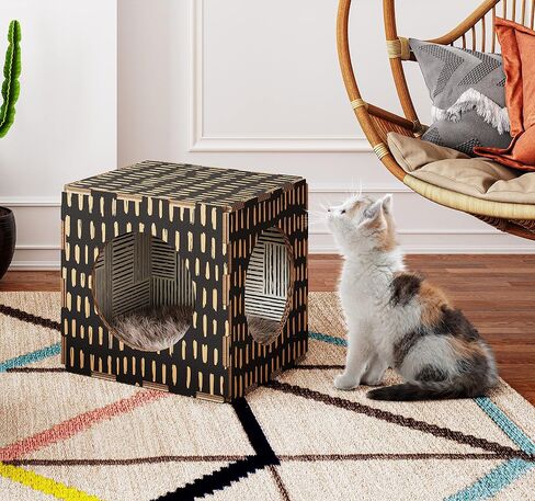 Modern Condo Cube, Reinforced Cardboard Design Clicks Together in Seconds, Includes Plush Fur Sleeping Pad Ideal for Kittens and Cats Green/Yellow in Saudi Arabia