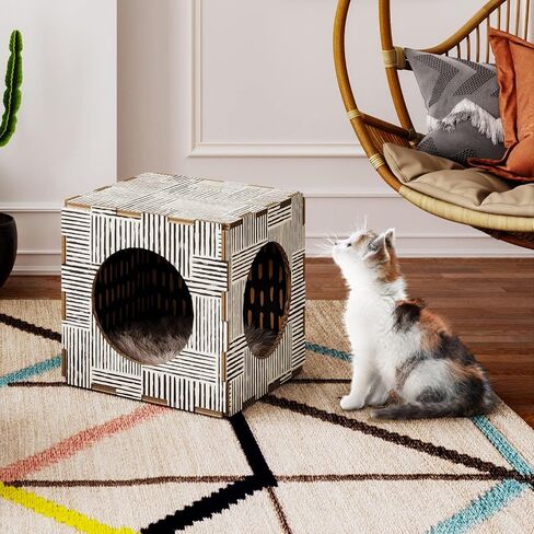 Modern Condo Cube, Reinforced Cardboard Design Clicks Together in Seconds, Includes Plush Fur Sleeping Pad Ideal for Kittens and Cats Green/Yellow in Saudi Arabia