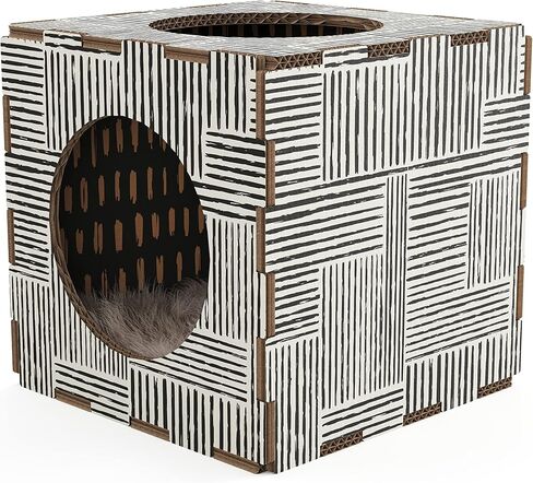 Modern Condo Cube, Reinforced Cardboard Design Clicks Together in Seconds, Includes Plush Fur Sleeping Pad Ideal for Kittens and Cats Green/Yellow in Saudi Arabia