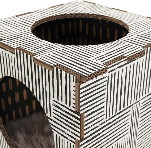 Modern Condo Cube, Reinforced Cardboard Design Clicks Together in Seconds, Includes Plush Fur Sleeping Pad Ideal for Kittens and Cats Green/Yellow in Saudi Arabia