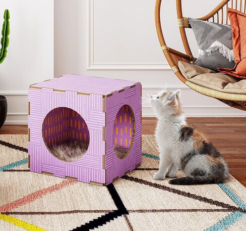Modern Condo Cube, Reinforced Cardboard Design Clicks Together in Seconds, Includes Plush Fur Sleeping Pad Ideal for Kittens and Cats Green/Yellow in Kuwait
